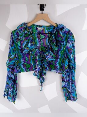 Vintage 90's Fashion Passport Lace Up Ruffle Crop Top | S